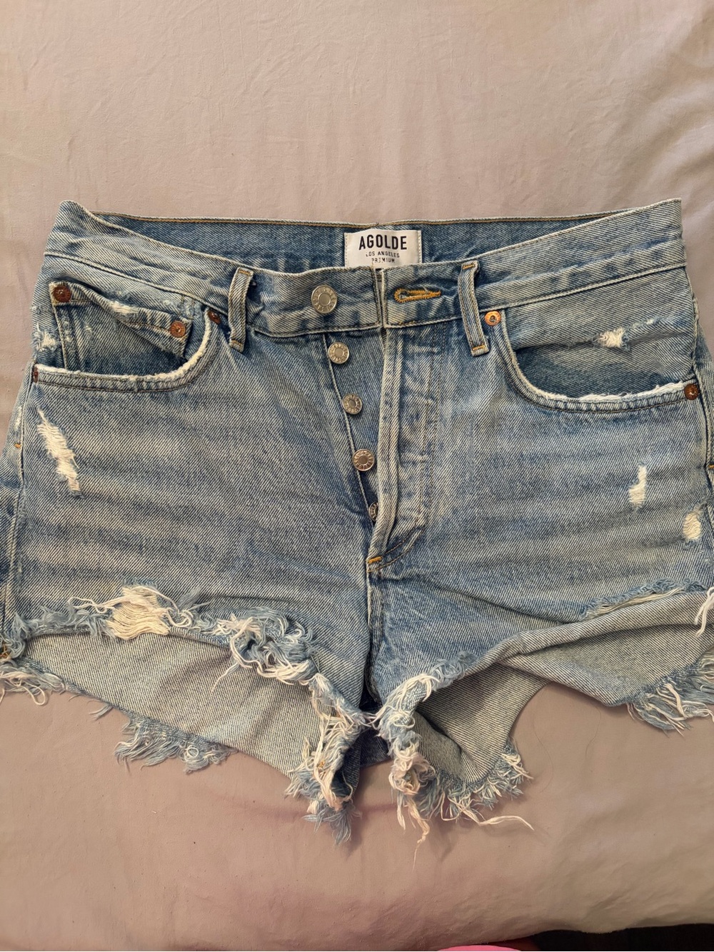 Agolde Light Blue Distressed High-Rise Denim Cutoff Shorts